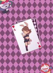 Rule 34 | 1girl, ace (playing card), ace of hearts, alice in wonderland, animal ears, back cover, boots, brown hair, bunny mint, bunny mint (cosplay), card, cat, cheshire cat (alice in wonderland), cheshire cat (alice in wonderland) (cosplay), choker, closed eyes, commentary request, cosplay, cover, ghost, half-closed eyes, haramaki, hat, heart, high ponytail, highres, holding, holding card, jibanyan, kemonomimi mode, kodama fumika, long hair, looking at viewer, mad hatter (alice in wonderland), mad hatter (alice in wonderland) (cosplay), midriff, mochi-iri kinchaku, navel, notched ear, open mouth, parted lips, playing card, purple lips, rabbit ears, rabbit tail, red eyes, sharp teeth, shorts, tail, teeth, top hat, traditional youkai, whisper (youkai watch), youkai watch