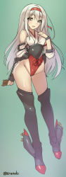 Rule 34 | 10s, 1girl, adapted costume, arm behind back, bare shoulders, black footwear, black thighhighs, boots, breasts, contrapposto, detached sleeves, gloves, grey eyes, hairband, hand on own chest, headband, highleg, highres, japanese clothes, kantai collection, leotard, long hair, looking at viewer, miko, open mouth, playboy bunny, propeller, ribbon, shoukaku (kancolle), silver hair, small breasts, smile, solo, standing, takeda aranobu, thigh boots, thighhighs, twitter username