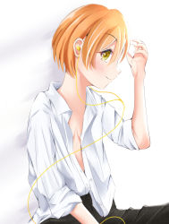 Rule 34 | 1girl, artist name, artist request, black pants, blush, breasts, cleavage, collarbone, collared shirt, female focus, green eyes, hair between eyes, headphones, hoshizora rin, konua (kghutotta), long sleeves, looking at viewer, love live!, love live! school idol project, open clothes, orange hair, pants, parted lips, shirt, short hair, small breasts, smile, solo, white shirt, yellow eyes