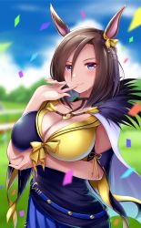 Rule 34 | 1girl, air groove (umamusume), animal ears, arm under breasts, blue eyes, blue skirt, blush, breast rest, breasts, brown hair, cape, cleavage, confetti, ear ornament, finger to mouth, fur collar, fur trim, highres, horse ears, horse girl, large breasts, looking at viewer, ribbon, ribbon trim, skirt, smile, solo, sweatdrop, umamusume, yuki mizore