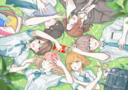 Rule 34 | 3boys, 3girls, :d, absurdres, backpack, bad id, bad pixiv id, bag, black hair, blonde hair, blue neckwear, blue ribbon, blurry, blurry foreground, book, bookbag, brown hair, circle formation, cosmetics, day, food, from above, grass, hair between eyes, highres, holding, holding phone, huge filesize, lipstick tube, lying, macaronk, medium hair, multiple boys, multiple girls, necktie, on back, open mouth, original, phone, pink hair, pocket, pocky, ponytail, red eyes, ribbon, school uniform, shirt, short hair, short ponytail, short sleeves, smile, taking picture, thermos, unworn backpack, unworn bag, white shirt, yellow eyes