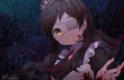 Rule 34 | 1girl, apron, black kimono, blood, blood on clothes, blood on hands, brown eyes, brown hair, commentary request, eyepatch, frilled apron, frills, idolmaster, idolmaster million live!, japanese clothes, kimono, kitazawa shiho, kuri choko, long hair, looking at viewer, medical eyepatch, night, outdoors, parted lips, rain, red ribbon, ribbon, signature, solo, tree, twitter username, upper body, white apron