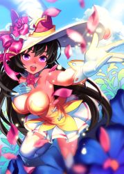 Rule 34 | 1girl, :d, bad id, bad pixiv id, black hair, blurry, breasts, cleavage, depth of field, detached collar, dress, flower, gradient background, hat, highres, large breasts, lim jaejin, open mouth, petals, purple eyes, smile, solo, teeth, thighhighs, upper teeth only, white thighhighs, witch, witch hat