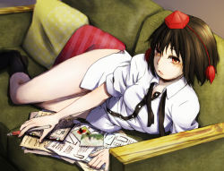 Rule 34 | 1girl, black hair, black socks, bookmark, breasts, collared shirt, couch, hat, hip focus, indoors, legs, looking up, lying, no pants, notes, on side, open mouth, panties, pen, photo (object), pillow, room, sachi (pixiv1644992), sachi (y0sh1sach1), shameimaru aya, shirt, shoes, unworn shoes, short hair, small breasts, socks, solo, thighs, tokin hat, touhou, underwear, untied, white shirt, yellow eyes