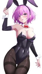 Rule 34 | 1girl, absurdres, animal ears, arm warmers, black leotard, black pantyhose, bow, bowtie, breasts, cleavage, commentary request, covered navel, cowboy shot, detached collar, eyes visible through hair, fate/grand order, fate (series), fishnet pantyhose, fishnets, gluteal fold, hair over one eye, hibika, highres, large breasts, leotard, looking at viewer, mash kyrielight, pantyhose, playboy bunny, purple eyes, purple hair, rabbit ears, red bow, red bowtie, short hair, simple background, solo, strapless, strapless leotard, thigh gap, thighband pantyhose, white background, wrist cuffs