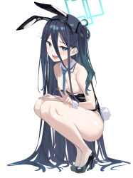 Rule 34 | 1girl, :d, absurdres, animal ears, aqua halo, areola slip, aris (blue archive), bare legs, black footwear, black hair, black hairband, black leotard, blue archive, blue eyes, blue necktie, breasts, collar, convenient censoring, copyright request, detached collar, fake animal ears, flying sweatdrops, gmatogachi, hair between eyes, hair censor, hairband, halo, high heels, highres, legs, leotard, light blush, long bangs, long hair, long hair between eyes, necktie, one side up, open mouth, playboy bunny, pumps, rectangular halo, shiny clothes, shiny footwear, simple background, small breasts, smile, solo, squatting, strapless, strapless leotard, sweatdrop, thighs, very long hair, w, white background, white collar, wing collar, wrist cuffs