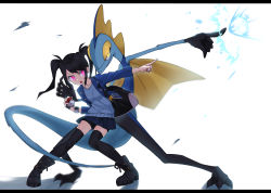 Rule 34 | 1girl, absurdres, backpack, bag, bike shorts, black footwear, black gloves, black hair, black shorts, black skirt, black thighhighs, blue jacket, blue sweater, boots, character request, collarbone, commentary request, creatures (company), cross-laced footwear, fingerless gloves, game freak, gen 8 pokemon, ginopi, gloves, highres, holding, holding poke ball, inteleon, jacket, lace-up boots, letterboxed, long sleeves, nintendo, open clothes, open jacket, open mouth, outstretched arm, pink eyes, pleated skirt, pointing, poke ball, poke ball (basic), pokemon, pokemon (creature), pokemon swsh, short shorts, shorts, shorts under skirt, sidelocks, single glove, skirt, standing, sweater, thighhighs, twintails, v-shaped eyebrows, white background, yellow eyes