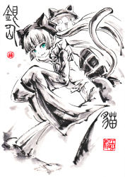 Rule 34 | 10s, 1girl, :d, animal ears, animal hat, blue eyes, blush, cat tail, gugure! kokkuri-san, hat, japanese clothes, jidao huashi, kimono, long hair, long sleeves, looking at viewer, monochrome, open mouth, simple background, sleeves past wrists, smile, spot color, tail, tama (gugukoku), twintails, whiskers, white background