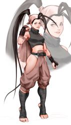 Rule 34 | 1girl, absurdres, ankle wrap, antenna hair, armor, bandeau, black hair, black shirt, breasts, brown bandeau, brown eyes, brown pants, capcom, caprara, clenched hand, commentary, crop top, english commentary, forehead, high ponytail, highres, hip vent, ibuki (street fighter), jacket, jacket on shoulders, japanese armor, kote, leg wrap, lips, long hair, looking away, medium breasts, ninja, no shoes, nose, panties, pants, shirt, sleeveless, sleeveless turtleneck, solo, standing, street fighter, street fighter iii (series), thighs, tiptoes, toes, toned, turtleneck, underwear, very long hair, white panties, zoom layer