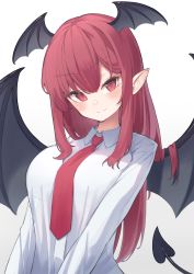 Rule 34 | 1girl, bat wings, blush, breasts, demon tail, garasuno, hair flowing over, highres, koakuma, large breasts, long hair, long sleeves, looking at viewer, necktie, pointy ears, red eyes, red hair, shirt, simple background, smile, solo, tail, touhou, upper body, white background, white shirt, wings