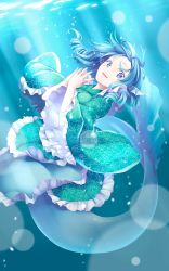Rule 34 | 1girl, :d, air bubble, blue eyes, blue hair, breasts, bubble, commentary request, curly hair, dress, drill hair, drill sidelocks, eyelashes, fingernails, fingers together, fins, floating hair, frilled kimono, frills, full body, green dress, green hair, head fins, highres, japanese clothes, kimono, light rays, long sleeves, looking at viewer, medium breasts, mermaid, midorino eni, monster girl, open mouth, own hands clasped, own hands together, print dress, print kimono, short hair, sidelocks, smile, solo, sunlight, touhou, underwater, wakasagihime, water, wide sleeves
