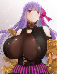 Rule 34 | 10s, 1girl, bare shoulders, belt collar, bodysuit, bow, breasts, claws, collar, fate/extra, fate/extra ccc, fate/grand order, fate (series), gigantic breasts, hair bow, hair ribbon, long hair, moshoko (mizuneroku), o-ring, o-ring top, passionlip (fate), pink bow, pink eyes, pout, purple hair, ribbon, solo, very long hair