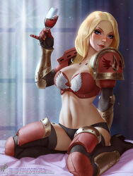 Rule 34 | 1girl, adeptus astartes, alcohol, armor, armored boots, artist name, bikini armor, blonde hair, blood angels, blue eyes, blush, boots, breasts, cleavage, closed mouth, commentary request, covered erect nipples, cup, curtains, drinking glass, full body, gauntlets, highres, indoors, large breasts, lips, lipstick, long hair, looking at viewer, makeup, medium breasts, navel, pauldrons, photoshop (medium), pinky out, shoulder armor, smile, solo, space marine, themaestronoob, thighhighs, warhammer 40k, watermark, web address, white wings, wine, wine glass, wings
