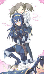 Rule 34 | !?, 2girls, ^ ^, alternate breast size, armor, bad id, bad pixiv id, belt, blue armor, blue eyes, blue hair, blush, brown hair, cape, chibi, closed eyes, cynthia (fire emblem), dreaming, drooling, echizen (hvcv), fingerless gloves, fire emblem, fire emblem awakening, gloves, grabbing, grabbing another&#039;s breast, hand in own hair, hand under clothes, heart, highres, long hair, lucina (fire emblem), multiple girls, nintendo, open mouth, thighhighs, thought bubble, tiara, translation request, twintails, yuri