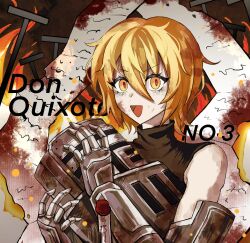 Rule 34 | 035nnn, 1girl, armor, black shirt, blonde hair, character name, don quixote (project moon), fire, gauntlets, helmet, highres, holding, holding helmet, limbus company, looking at viewer, open mouth, project moon, scroll, shirt, short hair, sleeveless, sleeveless shirt, smile, solo, wax seal, yellow eyes