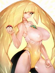Rule 34 | 1girl, alternate breast size, bare shoulders, blonde hair, breasts, cameltoe, covered erect nipples, covered navel, cowboy shot, creatures (company), dress, fumio (rsqkr), game freak, gem, green eyes, green gemstone, highres, impossible clothes, large breasts, leggings, leotard, long hair, looking at viewer, lusamine (pokemon), nintendo, nipples, one eye closed, poke ball, pokemon, pokemon sm, sleeveless, solo, standing, swept bangs, thighs, turtleneck, turtleneck dress, very long hair, white leggings