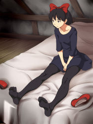 Rule 34 | 1girl, attic, bed, bed sheet, black dress, black hair, bow, brown eyes, closed mouth, collarbone, commentary, dress, expressionless, feet, flat chest, hair bow, hairband, hands on own crotch, highres, kiki (majo no takkyuubin), legs, looking away, majo no takkyuubin, maku (l-u), no shoes, on bed, outstretched legs, red bow, red footwear, shoes, unworn shoes, short hair, sitting, soles, solo, studio ghibli, toes, wooden floor
