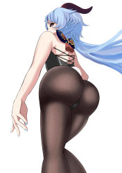 Rule 34 | 1girl, absurdres, ahoge, alternate costume, artist request, ass, bare shoulders, blue hair, blush, cameltoe, from behind, from below, ganyu (genshin impact), genshin impact, goat horns, highres, horns, huge ass, leotard, long hair, looking at viewer, looking down, pantyhose, playboy bunny, purple eyes, rabbit tail, shiny clothes, shiny skin, solo, tail, very long hair