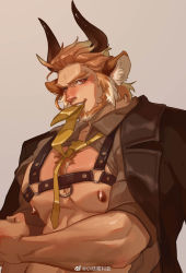 Rule 34 | 1boy, animal ears, arknights, bara, bare pectorals, beard, blonde hair, chest hair, chest harness, collared shirt, cow boy, cow ears, cow horns, cropped, eurill pides (arknights), facial hair, forked eyebrows, harness, highres, horns, jacket, jacket on shoulders, large pectorals, male focus, mature male, mouth hold, muscular, muscular male, necktie, necktie in mouth, nipples, o-ring, o-ring top, open clothes, open shirt, pectoral lift, pectoral press, pectorals, shirt, short hair, skindentation, smile, solo, thick eyebrows, third-party edit, upper body, xiaolumiaoliya, yellow necktie