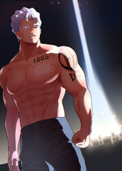 Rule 34 | 1boy, abs, andy (undead unluck), bara, clenched hand, cowboy shot, grey hair, highres, large pectorals, looking to the side, male focus, muscular, muscular male, no eyebrows, no nipples, pants, pectorals, scar, short hair, solo, t 56252280, topless male, tsurime, undead unluck