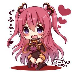 Rule 34 | 1girl, armor, black one-piece swimsuit, blush, breasts, brown gloves, brown one-piece swimsuit, brown thighhighs, chain, character request, chibi, commentary request, drooling, full body, gloves, gold armor, hair between eyes, hair ornament, hands up, heart, heart in eye, highres, kneeling, kuka (princess connect!), large breasts, long hair, looking at viewer, nyano21, one-piece swimsuit, open mouth, partially fingerless gloves, pink hair, princess connect!, purple eyes, saliva, side ponytail, signature, simple background, solo, swimsuit, symbol in eye, thighhighs, translation request, two side up, very long hair, wavy mouth, white background