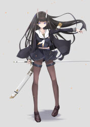 Rule 34 | 1girl, arm behind back, azur lane, black hair, black jacket, black serafuku, black skirt, blazer, breasts, commentary request, crop top, expressionless, floating hair, flower, frown, full body, hair ornament, hairclip, highres, holding, holding sword, holding weapon, horns, jacket, katana, legs apart, long hair, looking at viewer, medium breasts, midriff, midriff peek, miniskirt, navel, neckerchief, noshiro (azur lane), oni horns, open clothes, open jacket, outstretched arm, pantyhose, pleated skirt, pointing, pointing to the side, purple eyes, sailor collar, school uniform, serafuku, sheath, shirato kuroto, simple background, skirt, solo, standing, sword, sword behind back, thigh strap, very long hair, weapon, white flower, white sailor collar, x hair ornament