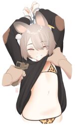 Rule 34 | 1girl, absurdres, animal ears, animal print, arms up, bikini, clothes lift, cuffs, earrings, flat chest, glock, grey hair, grin, gun, handcuffs, handgun, highres, holding, holding gun, holding weapon, jewelry, kijikoru, leopard print, looking at viewer, mole, mole under mouth, navel, original, pov, red eyes, shirt lift, short hair, simple background, smile, swimsuit, weapon, white background