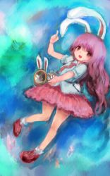 Rule 34 | 1girl, animal ears, ankle socks, bad id, bad pixiv id, belt, blue background, dress shirt, faux traditional media, gradient background, index finger raised, long hair, looking at viewer, lunatic gun, maccha cocoa (mococo), necktie, open mouth, purple hair, rabbit ears, red eyes, reisen udongein inaba, shirt, skirt, sleeves rolled up, socks, solo, touhou, very long hair