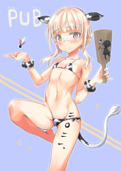 Rule 34 | 1girl, absurdres, animal ears, animal print, aohashi ame, badminton racket, bikini, blonde hair, blue background, blush, body writing, braid, breasts, cameltoe, closed mouth, collarbone, cow ears, cow girl, cow print, cow tail, glasses, highres, looking at viewer, micro bikini, navel, paddle, perrine h. clostermann, racket, shuttlecock, simple background, small breasts, smile, solo, strike witches, swimsuit, tail, world witches series, yellow eyes