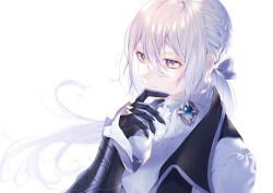 Rule 34 | 1boy, absurdres, ascot, black gloves, black vest, bow, braid, brooch, clawed gauntlets, fire emblem, fire emblem fates, french braid, gauntlets, gloves, hair between eyes, hair bow, hand on own chin, highres, jakob (fire emblem), jewelry, kita 282, long hair, looking ahead, low ponytail, male focus, nintendo, parted lips, purple bow, purple eyes, shirt, simple background, sleeves past wrists, solo, upper body, vest, white ascot, white background, white hair, white shirt