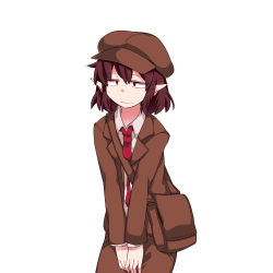 Rule 34 | 1girl, :|, bad id, bad pixiv id, bag, blazer, brown hair, brown hat, brown jacket, brown shorts, cabbie hat, closed mouth, collared shirt, cross-eyed, flat chest, forbidden scrollery, hammer (sunset beach), hat, highres, jacket, leaning forward, looking at viewer, necktie, no wings, pointy ears, shameimaru aya, shameimaru aya (newsboy), shirt, short hair, shorts, shoulder bag, slouching, solo, sweat, tie clip, touhou