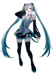 Rule 34 | 1girl, :d, absurdres, black footwear, black skirt, black sleeves, blue eyes, blue hair, blue necktie, boots, breasts, collared shirt, commentary, detached sleeves, floating hair, full body, grey shirt, hair between eyes, hatsune miku, highres, long hair, long sleeves, looking at viewer, medium breasts, miniskirt, necktie, open mouth, pleated skirt, potetoneko, shirt, skirt, sleeveless, sleeveless shirt, smile, solo, thigh boots, thighhighs, twintails, very long hair, vocaloid, wing collar, zettai ryouiki