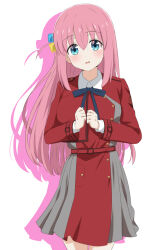 Rule 34 | 1girl, belt, blue eyes, blue ribbon, blush, bocchi the rock!, collared shirt, commentary request, cosplay, cowboy shot, cube hair ornament, dars (recolors), dress, gotoh hitori, grey dress, hair between eyes, hair ornament, hair over eyes, highres, long hair, long sleeves, looking at viewer, lycoris recoil, lycoris uniform, neck ribbon, nishikigi chisato, nishikigi chisato (cosplay), one side up, parted lips, pink hair, red belt, red dress, ribbon, shirt, simple background, solo, standing, two-tone dress, white background, white shirt
