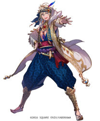 Rule 34 | 1boy, :d, ahoge, armor, blonde hair, blue eyes, blue headband, braid, company name, dated, detached sleeves, earrings, full body, gold trim, greaves, hand on own hip, headband, jewelry, kazari tayu, looking at viewer, male focus, necklace, official art, open mouth, pointy footwear, ring, shoes, smile, solo, standing, unmoving pattern, white background, white hood