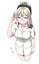 Rule 34 | 1girl, ahoge, alternate costume, breasts, cropped legs, epaulettes, female service cap, glasses, grey eyes, heywood l. edwards (kancolle), highres, js ariake (kancolle), kantai collection, long hair, medium breasts, military, military uniform, naval uniform, pencil skirt, salute, shirt, simple background, skirt, solo, standing, tamu (mad works), uniform, white background, white hair, white shirt, white skirt