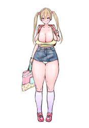 Rule 34 | 1futa, backpack, bag, blonde hair, blush, bracelet, breasts, bulge, censored, cleavage, erection, erection under clothes, futanari, highres, huge breasts, jewelry, jigokuradio2, multicolored eyes, panties, purple eyes, shoes, skirt, sweat, tank top, thick thighs, thighs, twintails, underwear