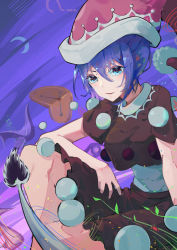 Rule 34 | 1girl, absurdres, blue eyes, blue hair, clock, doremy sweet, eyebrows hidden by hair, hat, highres, looking at viewer, moon (ornament), ooz, open mouth, red hat, short hair, sitting, smile, solo, tail, touhou