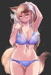 Rule 34 | 1girl, animal ears, bikini, black background, blonde hair, blue bikini, blush, breasts, cleavage, collarbone, commentary request, cowboy shot, curvy, drying, drying hair, eyes visible through hair, floral print, fox ears, fox girl, fox tail, front-tie top, gluteal fold, halterneck, highres, jewelry, large breasts, long hair, looking at viewer, navel, original, parted lips, ring, skindentation, slit pupils, solo, standing, steam, swimsuit, tail, thighs, water, wedding ring, wet, wet clothes, wide hips, yellow eyes, yukibuster z