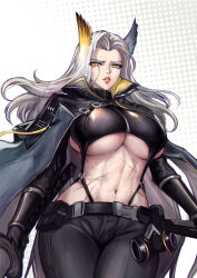 Rule 34 | 1girl, absurdres, animal ears, arknights, belt, belt pouch, black belt, black cloak, black gloves, black jacket, black pants, breasts, chinese commentary, cloak, commentary request, cowboy shot, cropped jacket, genderswap, genderswap (mtf), gloves, hair wings, hellagur (arknights), highres, holding, holding sword, holding weapon, hui z jie, jacket, large breasts, long hair, long sleeves, looking at viewer, navel, o-ring, o-ring top, pants, parted bangs, parted lips, pouch, scar, scar on stomach, solo, standing, stomach, sword, toned, underboob, weapon, white hair, yellow eyes