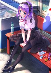 Rule 34 | 10s, 1girl, blue eyes, breasts, candy, center frills, dagashi kashi, food, frills, high heels, highres, large breasts, long hair, mary janes, mouth hold, pantyhose, purple hair, ramune, shidare hotaru, shoes, sitting, skirt, solo, swordsouls, umaibou
