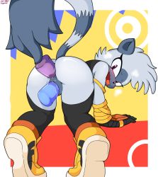 Rule 34 | 1girl, abstract background, all fours, anal, anus, ass, blush, dildo, double penetration, eyelashes, from behind, functionally nude, furry, gloves, heavy breathing, highres, kneeling, lemur, looking back, masturbation, open mouth, prehensile tail, purple eyes, pussy, pussy juice, ricocake, saliva, sex toy, shoes, sneakers, sonic (series), tail, tangle the lemur, uncensored, vaginal