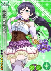 Rule 34 | 10s, 1girl, aqua eyes, bare shoulders, blush, bouquet, card, card (medium), character name, cross-laced clothes, detached collar, detached sleeves, diamond (shape), earrings, flower, flower earrings, frilled skirt, frilled thighhighs, frills, garter straps, gradient background, green background, holding, holding card, jewelry, jpeg artifacts, leg up, long hair, looking at viewer, love live!, love live! school idol festival, love live! school idol project, low twintails, necklace, official art, one eye closed, open mouth, parted bangs, pink skirt, purple footwear, purple hair, purple thighhighs, scrunchie, shoes, skirt, solo, sparkle, standing, standing on one leg, star (symbol), thighhighs, tojo nozomi, twintails