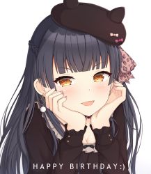 Rule 34 | 1girl, :d, animal print, beret, black hair, black hat, black shirt, blunt bangs, blush, bow, braid, breasts, brown bow, brown eyes, cleavage, commentary request, earrings, emoticon, fake horns, fingernails, glint, happy birthday, hat, head in hand, head rest, heart, heart earrings, highres, horned headwear, horns, idolmaster, idolmaster shiny colors, jewelry, leopard print, long hair, long sleeves, looking at viewer, mayuzumi fuyuko, medium breasts, nail polish, open mouth, pink nails, print bow, seventeen (st17215), shirt, simple background, smile, solo, tilted headwear, upper body, v-shaped eyebrows, white background
