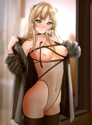 Rule 34 | 1girl, bad id, bad twitter id, black thighhighs, blonde hair, blue eyes, blurry, blurry background, blush, braid, breasts, choker, cleavage, coat tug, collarbone, covered navel, cowboy shot, earrings, girls&#039; frontline, hair ornament, highres, indoors, jacket, jewelry, k5 (girls&#039; frontline), large breasts, leotard, long hair, looking at viewer, nipples, off shoulder, open clothes, open jacket, see-through, sidelocks, skindentation, smile, solo, string, thighhighs, thighs, turisasu