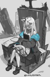 Rule 34 | 1girl, animal ears, arknights, book, boots, box, cat ears, cat girl, cat tail, commentary, dress, earpiece, english commentary, fingerless gloves, gloves, holding, holding book, jacket, long hair, off shoulder, paintrfiend, rosmontis (arknights), sidelocks, sitting, sketch, sleeping, sleeping upright, sleeveless, sleeveless dress, solo, spot color, tail