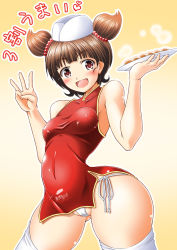 Rule 34 | 1girl, bare shoulders, beads, blush, breasts, brown eyes, cameltoe, chef hat, china dress, chinese clothes, covered erect nipples, double bun, dress, dumpling, flat top chef hat, food, gyouza no manshuu, hair beads, hair bun, hair ornament, hat, heart, holding dish, impossible clothes, jiaozi, medium breasts, microdress, open mouth, panties, pantyshot, plate, print dress, ran (gyouza no manshuu), short hair, side-tie panties, side slit, skindentation, smile, solo, steam, thighhighs, tomonaga kenji, underwear, w, white thighhighs
