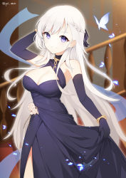 Rule 34 | 1girl, absurdres, arm up, azur lane, bangle, bare shoulders, belfast (azur lane), belfast (the noble attendant) (azur lane), black dress, black gloves, blurry, blurry background, bracelet, braid, breasts, bug, butterfly, chain, choker, cleavage, closed mouth, criss-cross halter, depth of field, dress, elbow gloves, flower, french braid, gloves, hair ribbon, halterneck, highres, bug, jewelry, large breasts, long hair, looking at viewer, paaru, purple eyes, ribbon, rose, sleeveless, sleeveless dress, smile, solo, standing, twitter username, very long hair, white butterfly, white flower, white hair