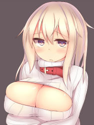 Rule 34 | 1girl, blonde hair, blush, breast hold, breasts, bursting breasts, cleavage, cleavage cutout, clothing cutout, collar, kubiwa (kutan), kutan, large breasts, long hair, looking at viewer, meme attire, open-chest sweater, original, purple eyes, ribbed sweater, solo, standing, sweater, upper body