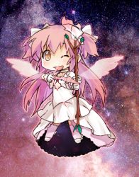 Rule 34 | 10s, 1girl, ;d, aiming, angel wings, arrow (projectile), bad id, bad pixiv id, bow, bow (weapon), chibi, dress, gloves, hair bow, kaname madoka, long hair, magical girl, mahou shoujo madoka magica, mahou shoujo madoka magica (anime), one eye closed, open mouth, pink hair, smile, solo, spoilers, thighhighs, twintails, two side up, ultimate madoka, weapon, white dress, wings, yellow eyes, yoplait