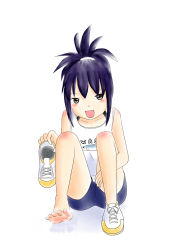 Rule 34 | 1girl, barefoot, blue hair, brown eyes, feet, highres, holding, holding shoes, long hair, looking at viewer, manam, ponytail, shoes, unworn shoes, shorts, single shoe, sitting, soles, source request, spiked hair, steam, toes